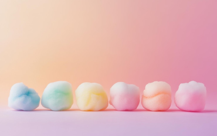 Foto una fila de pom-poms coloridos están alineados en un fondo rosado