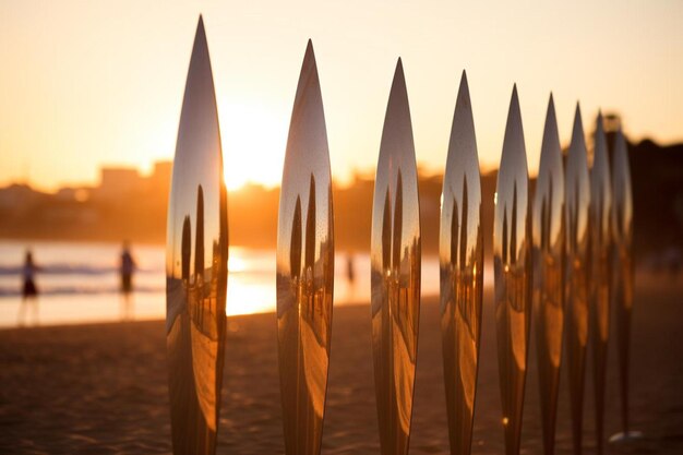 una fila de postes con el sol poniéndose detrás de ellos