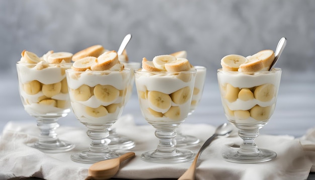 Foto una fila de postres con plátanos y almendras en ellos