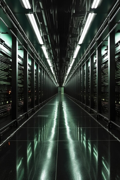 Fila de racks de servidores en un centro de datos moderno creado con IA generativa