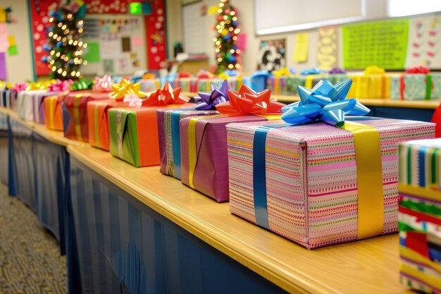 Una fila de regalos envueltos de colores brillantes en una mesa