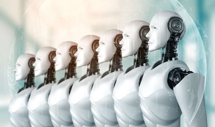 Foto fila de robot humanoides