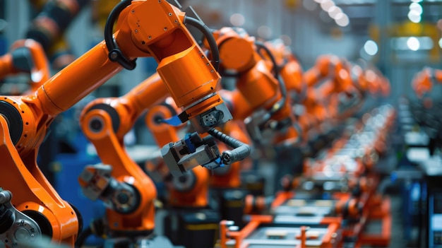 Una fila de robots están trabajando eficientemente en una fábrica de ingeniería