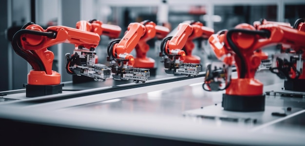 Foto una fila de robots industriales está sobre una mesa.