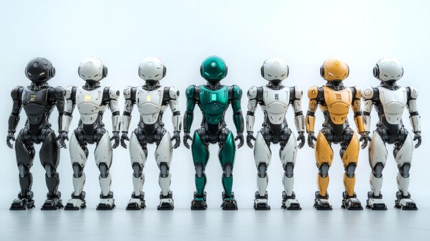 Una fila de robots todos idénticos excepto uno que es verde de pie en un piso gris contra un fondo blanco