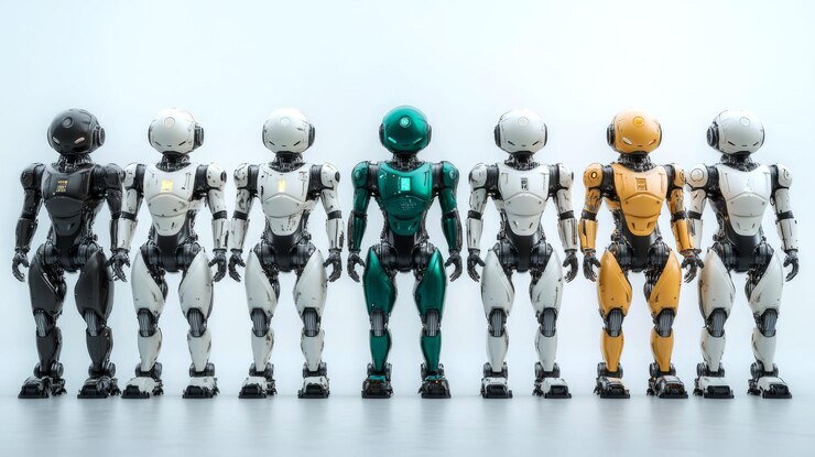 Foto una fila de robots todos idénticos excepto uno que es verde de pie en un piso gris contra un fondo blanco