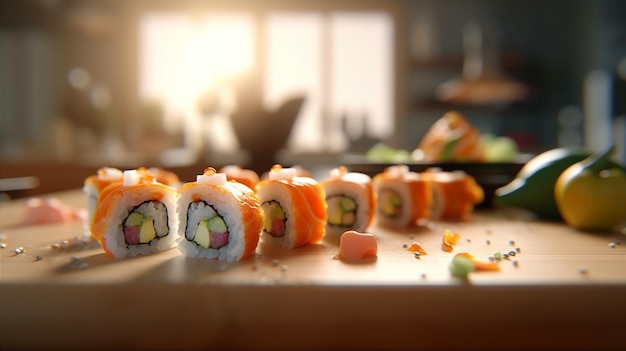 Una fila de rollos de sushi en una mesa