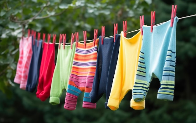 Una fila de ropa de bebé colgada en un tendedero