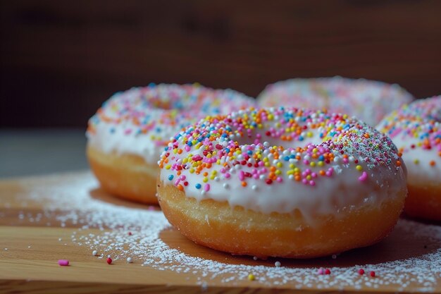 Una fila de rosquillas de colores con salpicaduras en la parte superior Las rosquillas están dispuestas en una fila y son de diferentes colores