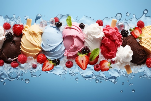 Una fila de sabores de helado con fresas y frambuesas en la parte superior