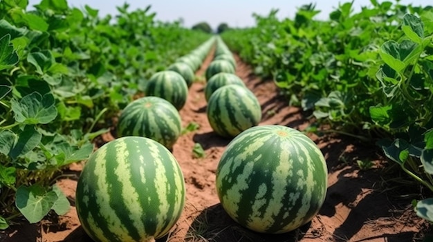 Una fila de sandías en un campo.