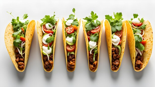 una fila de sándwiches de taco con lechuga y tomates en ellos