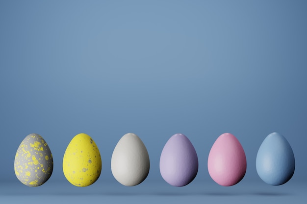 Fila de seis huevos de Pascua en colores de moda 2021 sobre fondo azul, espacio de copia. Render 3D