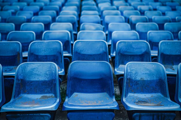 Foto una fila de sillas azules están vacías.