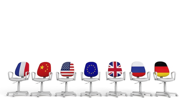 Una fila de sillas con banderas internacionales Concepto de política global Representación 3D