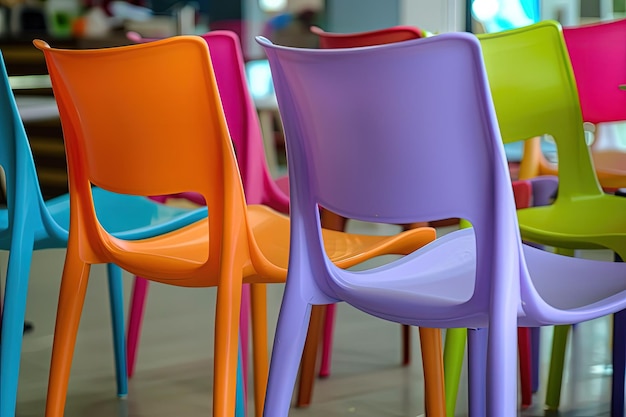 Foto una fila de sillas coloridas sentadas una al lado de la otra