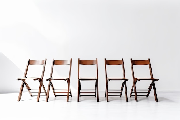 Una fila de sillas de madera sobre un fondo blanco inmaculado creado con ai generativo