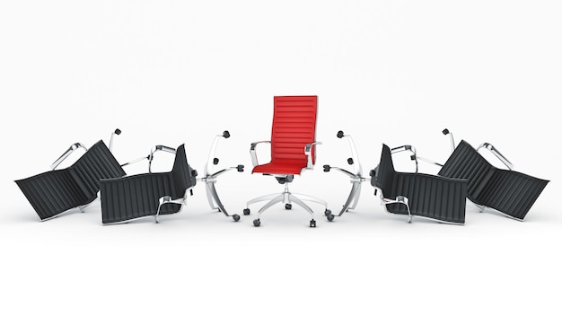 Una fila de sillas de oficina rojas con una de ellas que dice "soy un jefe"