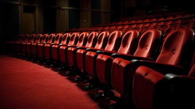 Una fila de sillas rojas en un teatro.