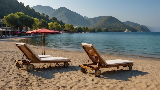 Una fila de sillas de sol en una tranquila playa de arena junto al mar