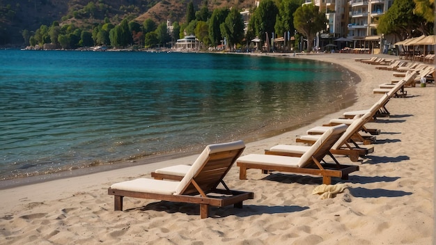 Una fila de sillas de sol en una tranquila playa de arena junto al mar