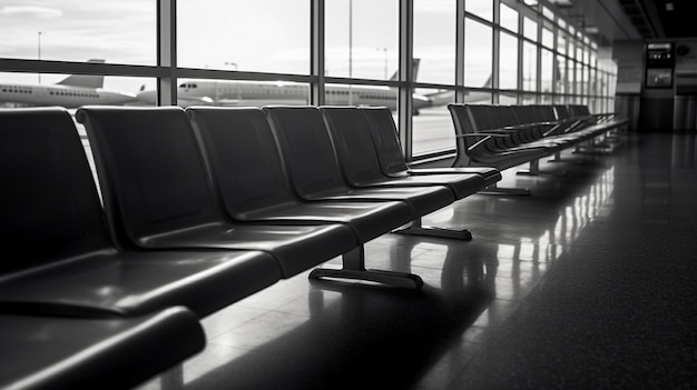 Una fila de sillas vacías en una sala de espera con un avión al fondo.