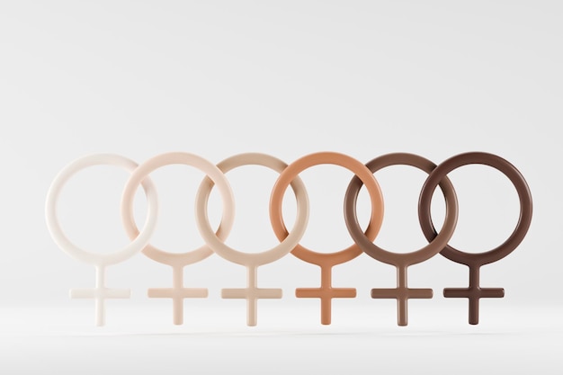 Foto fila de símbolos femeninos con diversos tonos de piel concepto de inclusión representación 3d