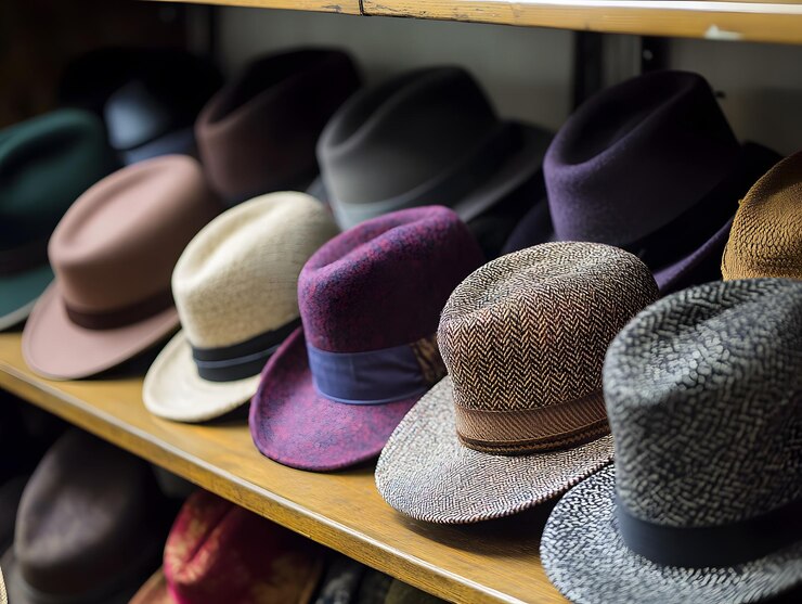 una fila de sombreros con una banda púrpura en ellos
