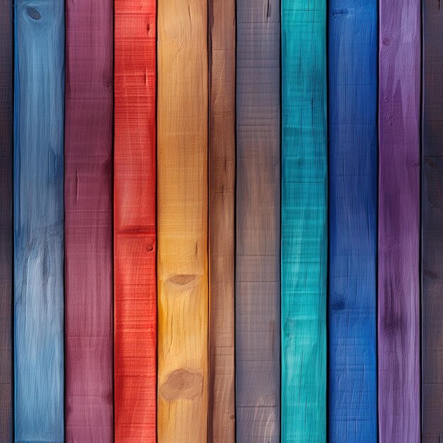 una fila de tablas de madera coloridas con diferentes colores