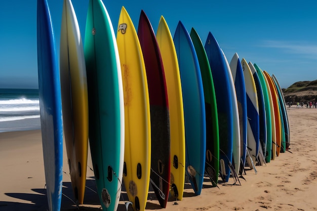 Una fila de tablas de surf se alinea en una playa