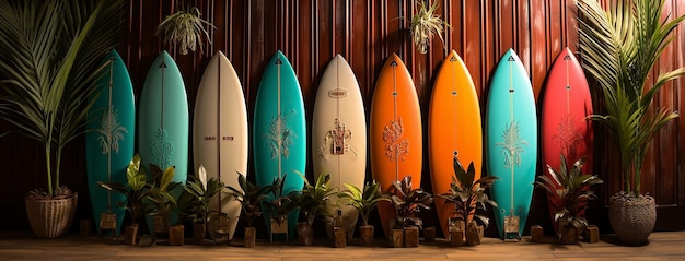 Una fila de tablas de surf de diferentes colores descansa en una pared rústica