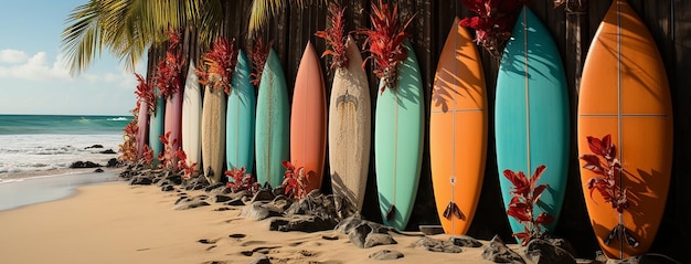 Una fila de tablas de surf de diferentes colores descansa en una valla de madera en la playa