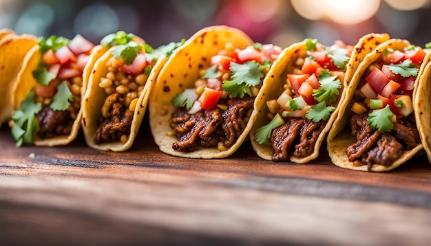 fila de tacos callejeros mexicanos con carne asada y al pastor en tortilla de maíz composición de bandera ancha