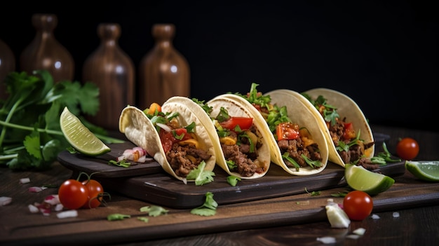 Una fila de tacos con tacos de carne en una mesa