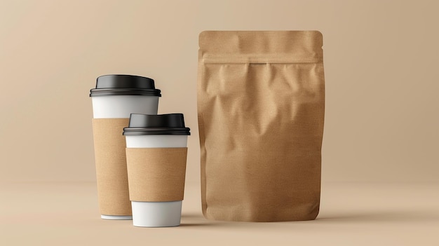una fila de tazas de café y una bolsa con las palabras "café" en el lado