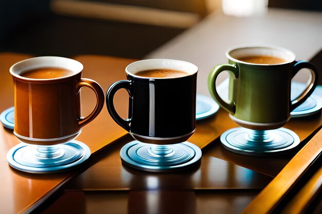 Foto una fila de tazas de café con diferentes colores en ellas.