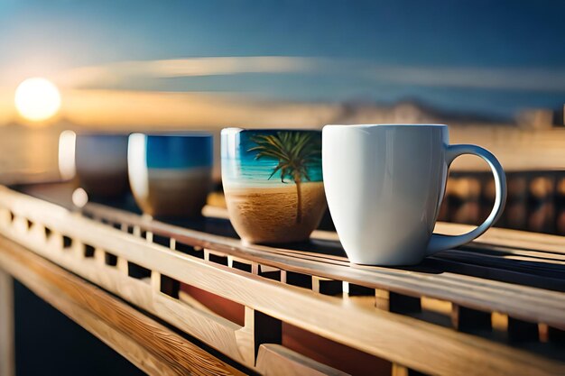 una fila de tazas de café con una palmera en la parte superior.