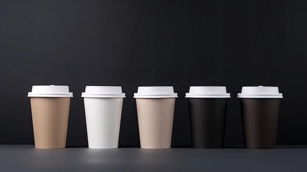 Una fila de tazas de café con una que dice 'café'