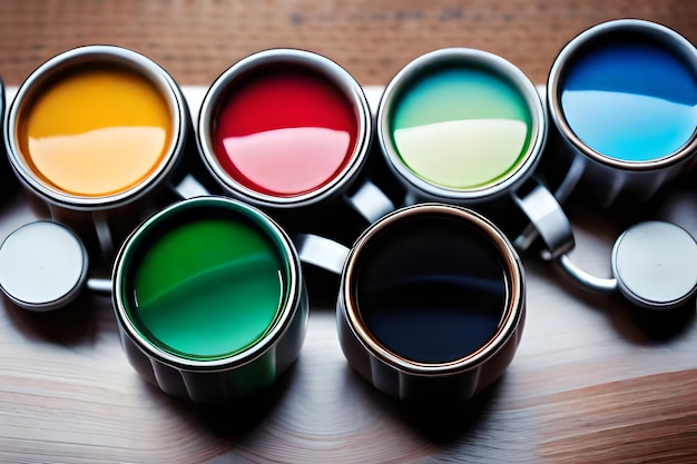 una fila de tazas de colores con diferentes colores.