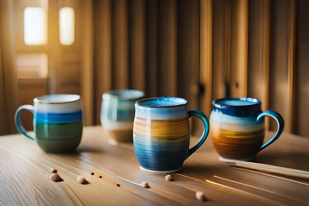 una fila de tazas de colores en una mesa con una ventana en el fondo.