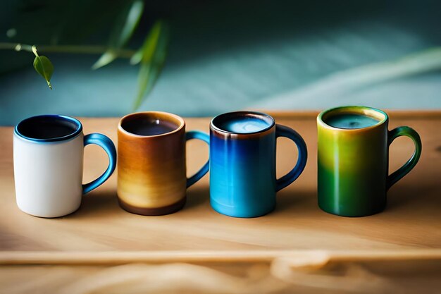 una fila de tazas coloridas con la palabra café en ellas.