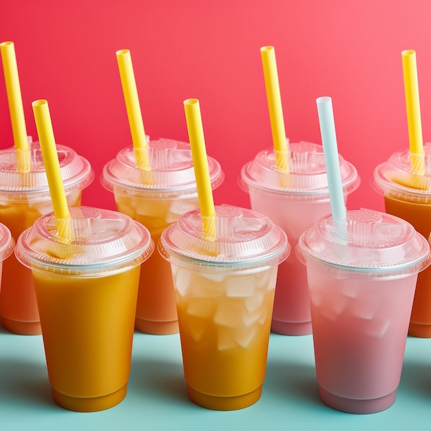 Una fila de tazas con pajitas de diferentes colores.