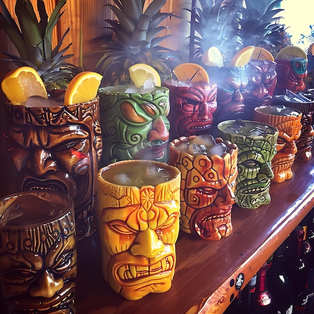 Una fila de tazas de tiki llenas de cócteles tropicales adornados con rebanadas de piña y hielo contra un telón de fondo de madera con botellas de vino debajo