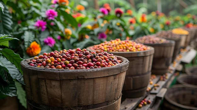 una fila de tés con flores en ellos