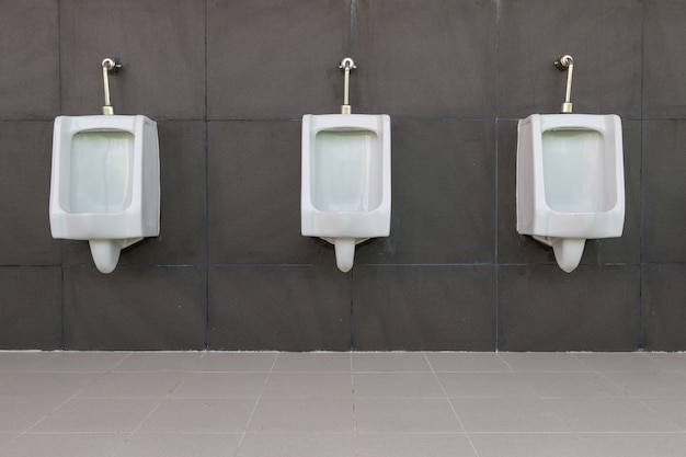 Foto fila del tocador público de los hombres blancos del urinario con el fondo gris de la pared