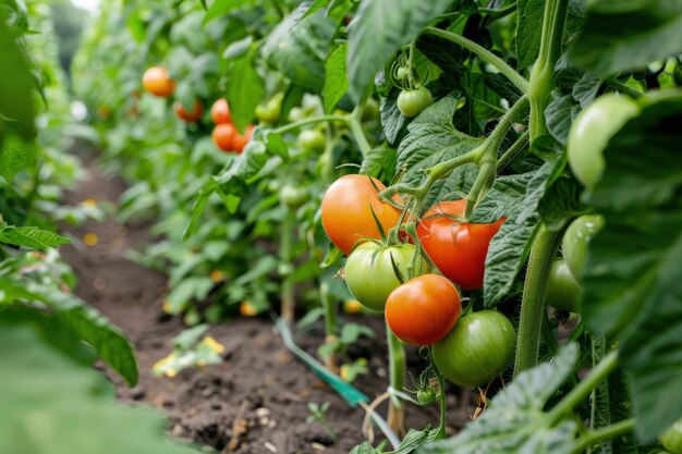 Una fila de tomates creciendo en un jardín