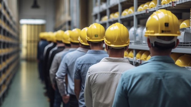 Una fila de trabajadores de la construcción con cascos amarillos se para en una fila