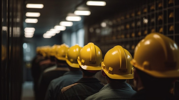 Una fila de trabajadores de la construcción con cascos amarillos se para en una fila