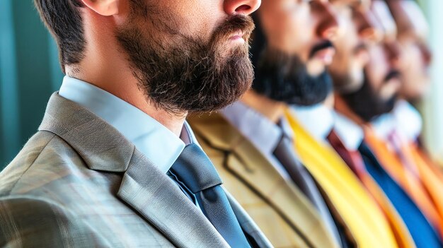 Una fila de trabajadores de oficina en trajes de negocios formales de pie en una línea con trajes y corbatas