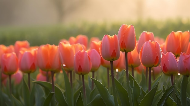 Una fila de tulipanes en un campo con el sol brillando sobre ellos